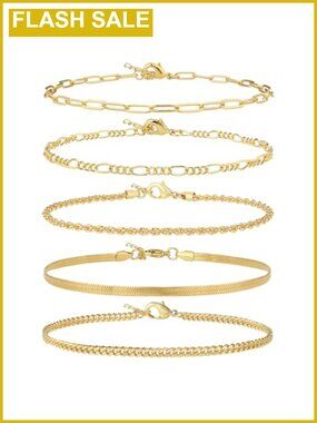 5-Piece Gold Plated Cuban Link Anklet Set Waterproof Plus Size 9-12 inch